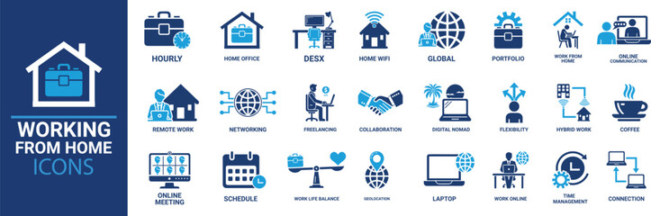 Adobe Illustrator ArtworkWorking from home icon set. Containing remote work, work online, freelancing, home office, digital nomad, portfolio and more. Solid vector icons collection