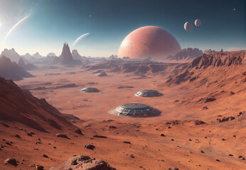 Wall Mural - A Futuristic View of Alien Landscape With Spacecrafts on Distant Planet at Twilight