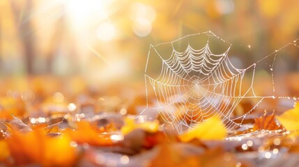 A spider web is shown in a yellow background