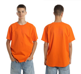 Poster - Teenage boy wearing orange t-shirt on white background, collage of photos. Front and back views