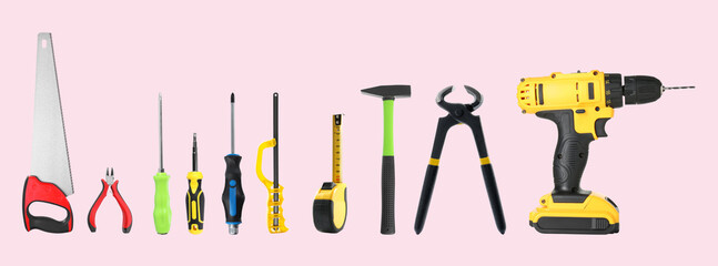 Set of different construction tools on pale pink background. Banner design