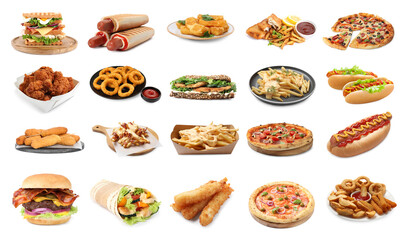 Wall Mural - Collage with different tasty fast food on white background