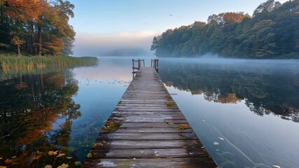 Wall Mural - Serene wooden pier overlooking a misty autumn lake at dawn