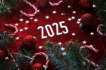Wall Mural - new year red 2025 background. number of the coming year in christmas decoration.