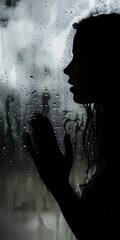 Silhouette of a woman behind a foggy glass door with condensation and water droplets, creating a mysterious and moody atmosphere with soft ethereal lighting, evoking introspection and solitude