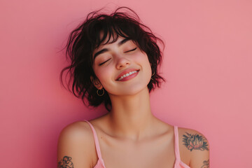 A close up of a woman's face with tattoos and her eyes closed