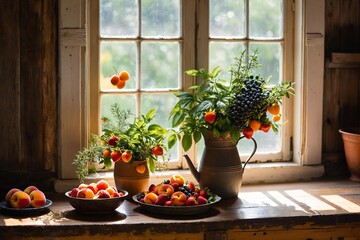 A window sill with a potted plant and colorful bowls of fruit