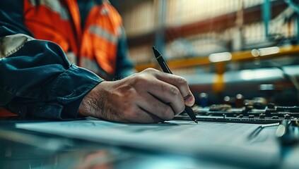 Person's hands writing on a piece of paper on a desk, with various objects in the background suggesting an office or workspace setting