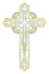 Wall Mural - illustration of *jesus cross Alphonse Mucha style* isolated on white background --ar 3:2 --style 19pADPufIwHTB19