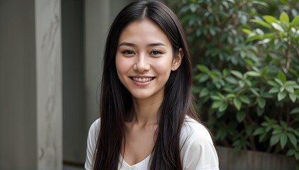 A young asian woman with long dark hair and a warm smile, standing in front of a blurred natural background