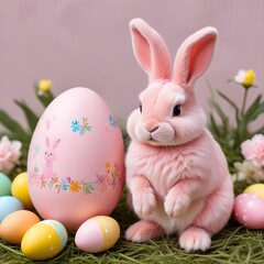 A white rabbit with pink ears sitting next to a large pink Easter egg decorated with colorful flowers, surrounded by other Easter eggs in a grassy setting with pink flowers