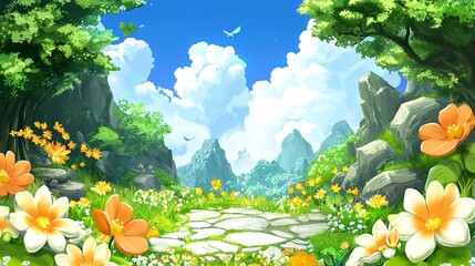 Wall Mural - Enchanting Garden Pathway with Blooming Flowers and Majestic Mountains