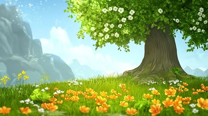 Wall Mural - Majestic Tree in a Lush Green Field with Blooming Flowers