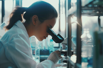 Woman scientist examining samples under a microscope in a lab, bright natural light, focused mood. Generative AI