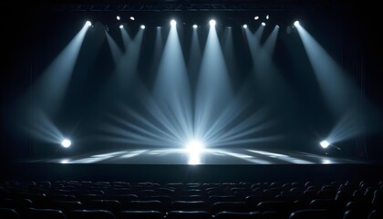 A dark stage with bright spotlights shining down, creating a dramatic and illuminated scene