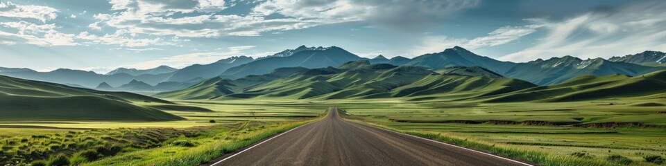 Canvas Print - Winding road through vast green landscapes and remote mountains