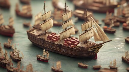 Fototapete - Colossal Chinese Trade Ship Towering Over Smaller Vessels in Global Shipping Hub