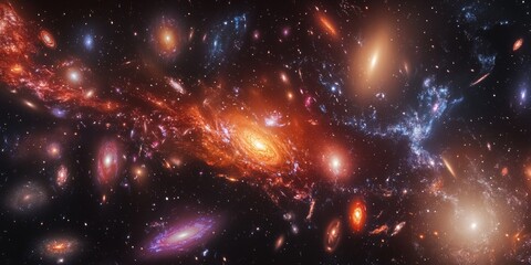 Wall Mural - a distant galaxy cluster, with multiple galaxies of various shapes and sizes interacting in a vast c