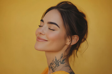 A close up of a woman's face with tattoos and her eyes closed