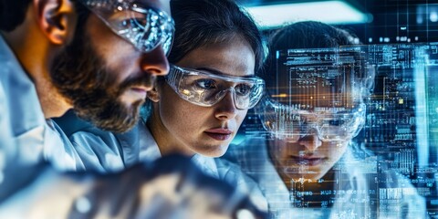 Wall Mural - Three scientists in a close-up shot reviewing complex digital schematics on a transparent display in a cutting-edge research lab serious and focused expressions