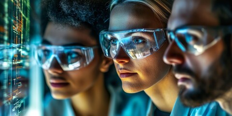 Three scientists in a close-up shot reviewing complex digital schematics on a transparent display in a cutting-edge research lab serious and focused expressions