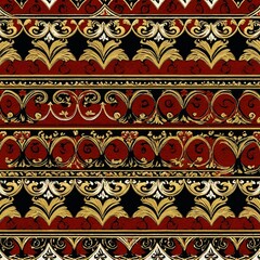 A geometric design featuring interlocking shapes in red, black, and gold