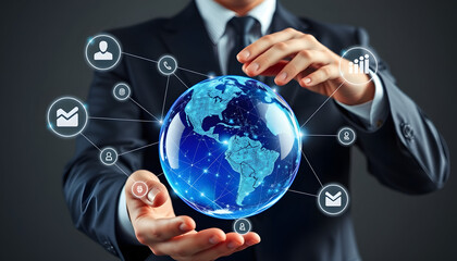 Wall Mural - Businessman hold global business globe with network connected to digital marketing strategy and creative solution. Business development technology to support creativity idea of teamwork and investme