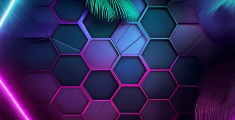 Wall Mural - Vibrant neon hexagon among lush tropical leaves. Looping time-lapse video animation