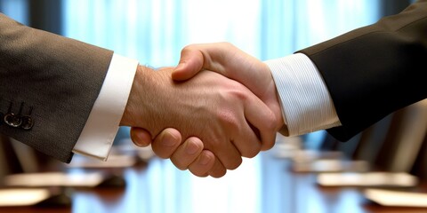 Leinwandbilder - A close-up of a firm handshake between two businesspeople sealing a partnership with a background blur of a conference room professional and confident