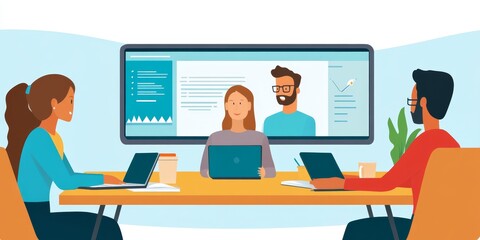 Aufkleber - Three adults participating in a virtual classroom on a large screen with notebooks and coffee cups on the table engaged and focused