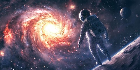 Wall Mural - an astronaut floating in space, gazing at the distant spiral galaxy filled with stars, nebulas, and 