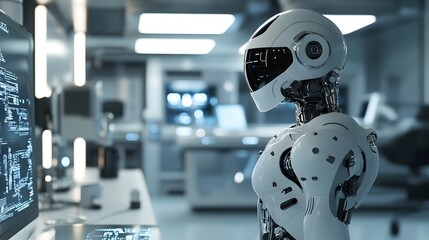 Leinwandbilder - Futuristic Robot Standing in High Tech Laboratory Conceptual Scene