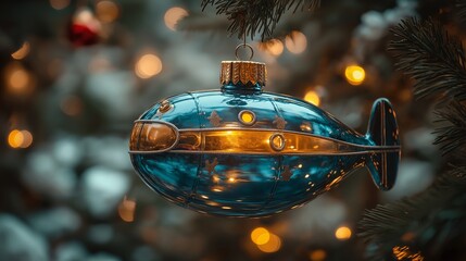 Wall Mural - Blue and gold submarine Christmas ornament. Festive holiday decoration. Nostalgic Christmas concept. Image for greeting card, invitation, banner with copy space.