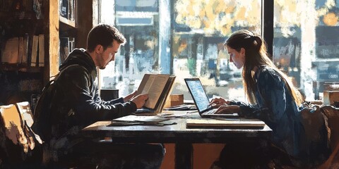 Aufkleber - A pair of adults studying together in a coffee shop with laptops and books on the table casual yet focused atmosphere