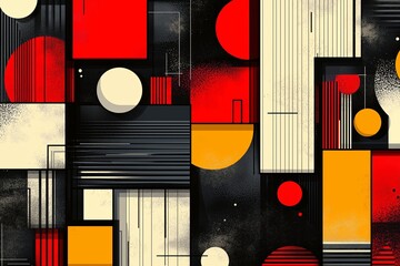 Sticker - Geometric abstract art featuring red, yellow, and black shapes with lines and patterns against a dark background