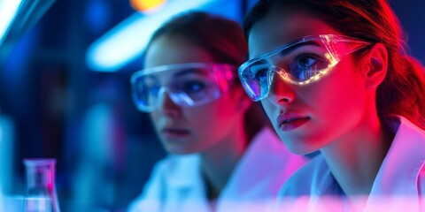 Two researchers in a close-up shot analyzing genetic data on advanced holographic displays in a high-tech biotech lab their expressions serious and focused