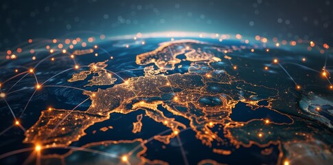 Wall Mural - Global Network Connectivity on Digital World Map A digital representation of a world map with glowing network connections, symbolizing global communication and data exchange.