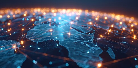 Wall Mural - global network connectivity on digital world map a digital representation of a world map with glowin