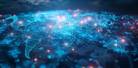 Wall Mural - global network connectivity on digital world map a digital representation of a world map with glowin
