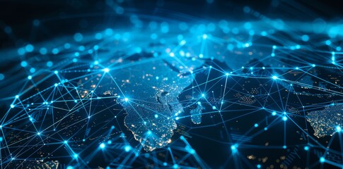 Wall Mural - global network connectivity on digital world map a digital representation of a world map with glowin