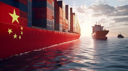 Fototapete - Large Cargo Ship Filled with Chinese Flagged Containers Symbolizing Trade Imbalance