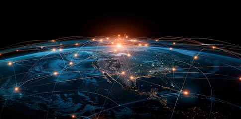Wall Mural - global network connectivity on digital world map a digital representation of a world map with glowin