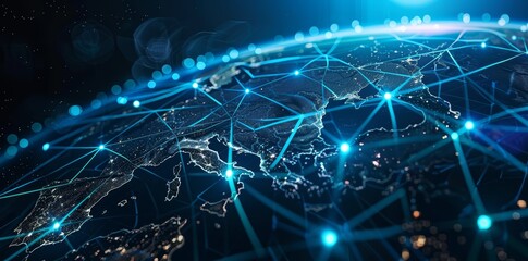 Wall Mural - global network connectivity on digital world map a digital representation of a world map with glowin