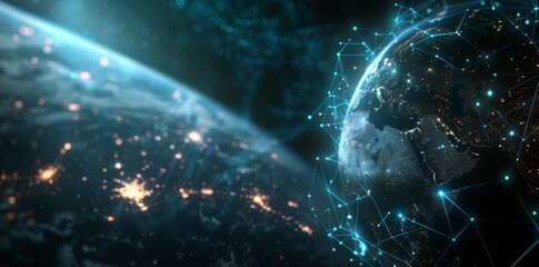 Wall Mural - global network connectivity on digital world map a digital representation of a world map with glowin