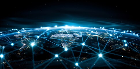Wall Mural - global network connectivity on digital world map a digital representation of a world map with glowin