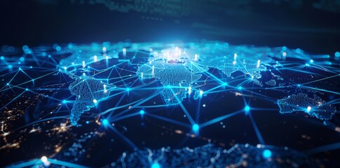 Wall Mural - global network connectivity on digital world map a digital representation of a world map with glowin