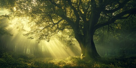 A mystical forest landscape with towering ancient trees, thick fog, and dappled sunlight breaking through the canopy