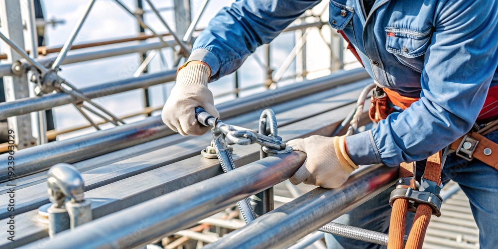 Construction Worker Securing Safety Railing at Heights. A construction ...