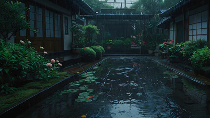 Wall Mural - Garden under a strong storm, a garden soaked by a strong storm, with large drops of rain falling on the leaves and petals.