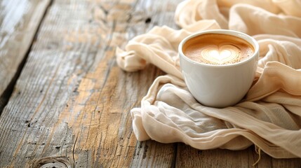 Wall Mural - A rustic wooden table with a soft, neutral-colored fabric backdrop, featuring a cup of coffee espresso